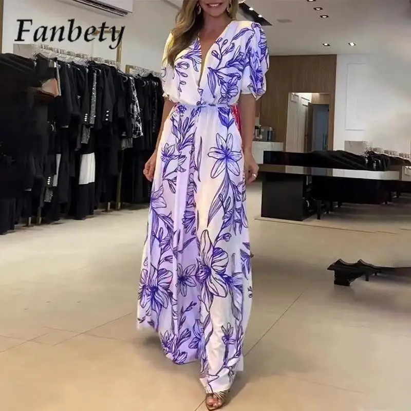 

Women Elegant Pattern Print Party Dress Summer Fashion Short Sleeve Long Dress Ladies Casual Loose V-Neck A-Line Dress Vestido