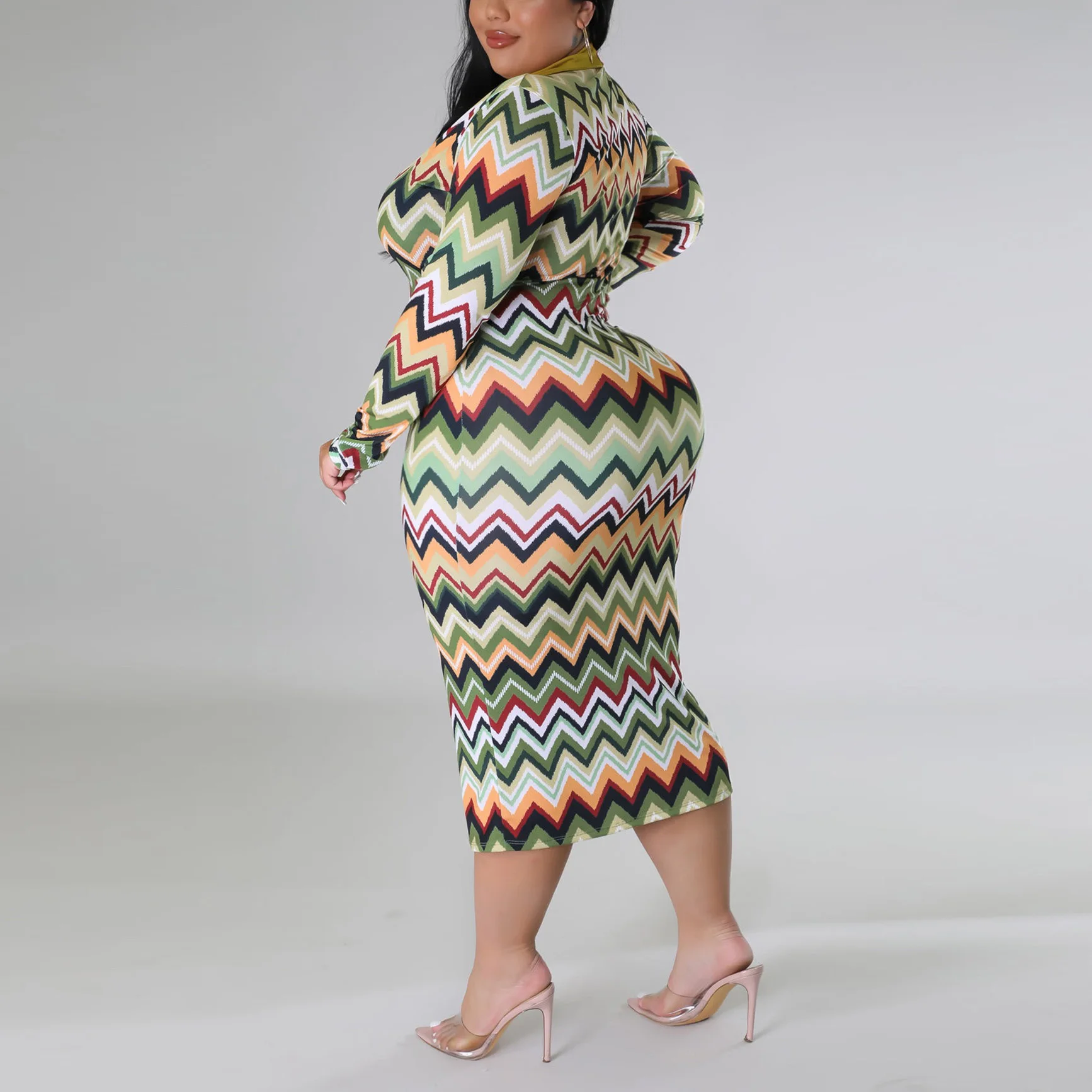 Plus Size Dresses for Women Geometric Printed Full Sleeve Turn Down Bodycon High Waisted Mid Calf Elegant Large Dress Cloth Big