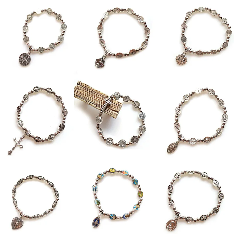 

Retro Metal Beaded Strand Jewelry Virgin Saint Benedict Cross Pendant Elestic Bracelets Bangle For Men Women