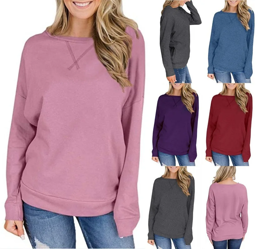 

2022 Solidd Color Round Neck Casual T Shirts Long Sleeve Shirt Women TShirts