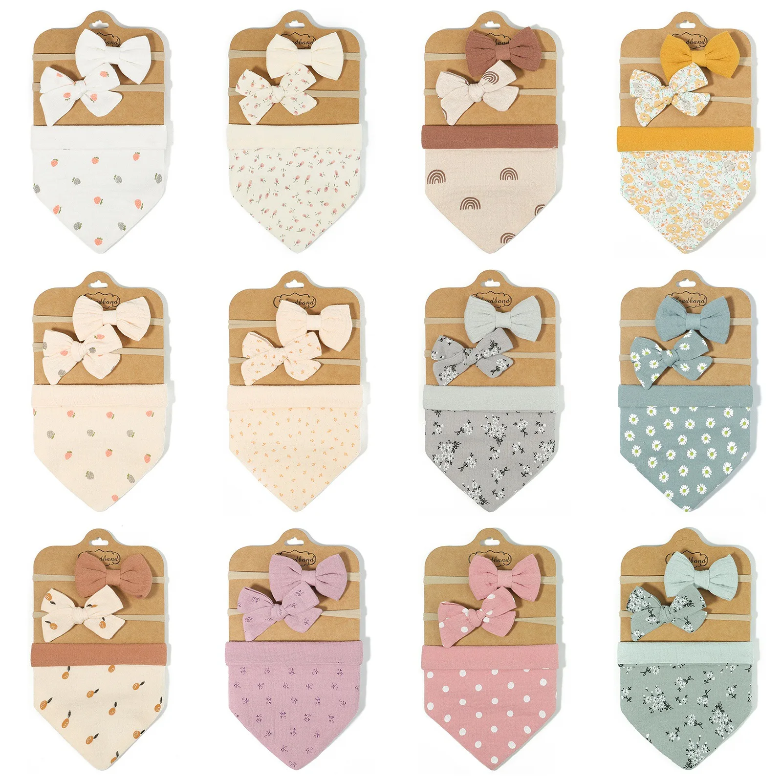 

3Pcs/Set Muslin Cotton Baby Bib Newborn Bows Headband Triangle Print Saliva Towel Infant Boy Girl Feeding Burp Cloth Shower Gift