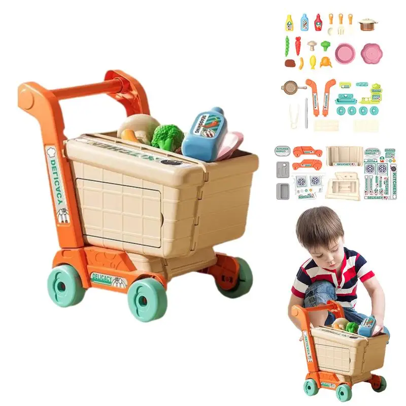 

Toddler Shopping Cart Trolley Set Supermarket Pretend Play Kitchen Accessories Portable Mini Shopping Cart Birthday Gift For Kid