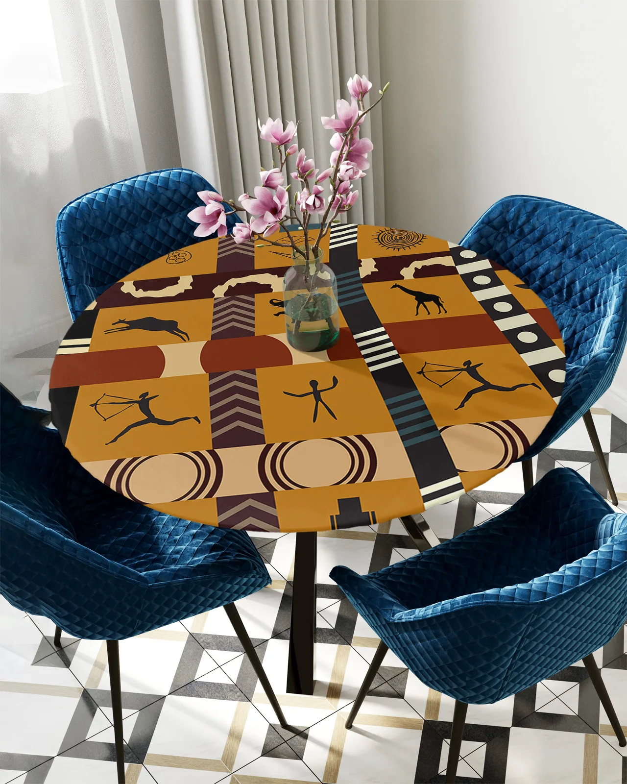 

African Style Tribal Culture Elephant Giraffe Round Table Cloth Cover Home Kitchen Dining Room Waterproof Elastic Tablecloth