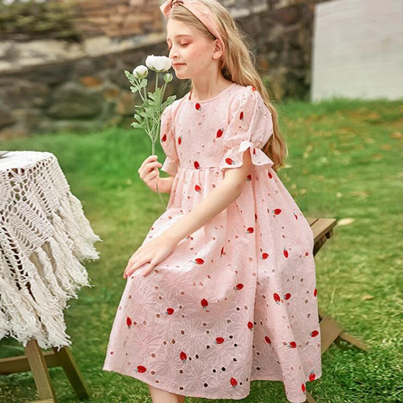 

Платье принцессы для девочек-подростков, хлопковое элегантное вечернее платье с вышивкой и коротким рукавом, с вырезами, в европейском и ам...