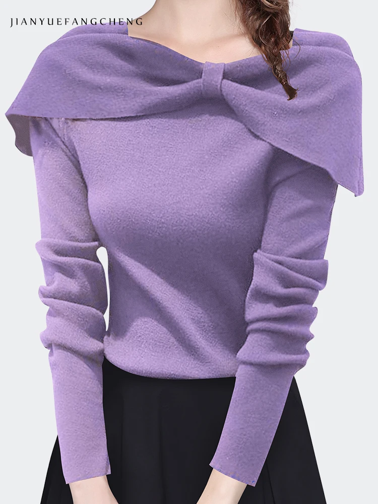 Милый женский свитер с воротником-лодочкой и бантом пикантные обтягивающие