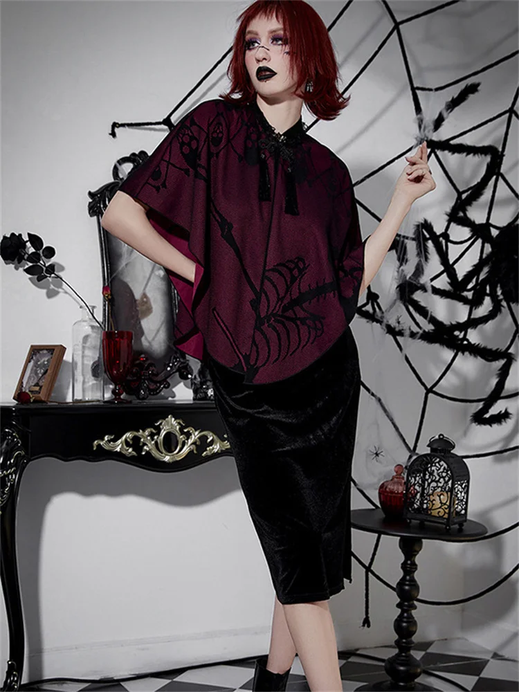 

Женская винтажная накидка в готическом стиле, элегантная Длинная накидка в стиле Харадзюку, с принтом темного черепа летучая мышь, в готическом стиле, осень 2022