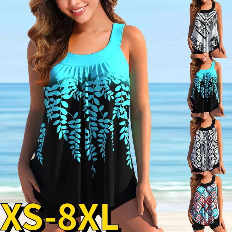 

2023 Summer High Waist Loose Tankini Two Piece Set Bathing Suit Trend Monokini Sexy Swimsuit Women's Vintage Printing Swimwear