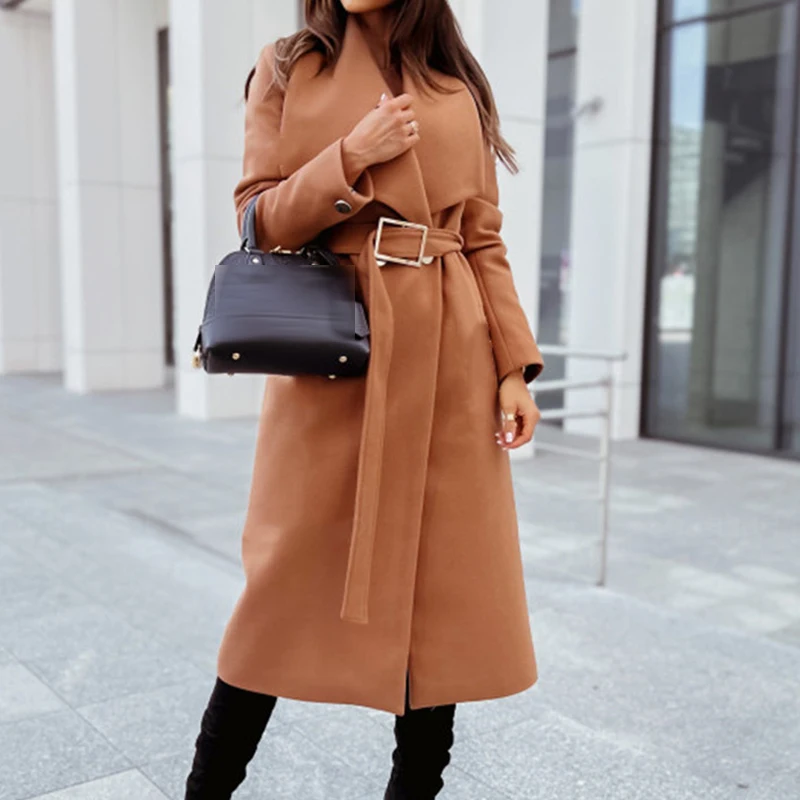 

Autumn Winter Loose Warm Woolen Overcoats Women Elegant Turn-down Collar Belted Outerwear Coat Casual Long Sleeve Solid Cardigan