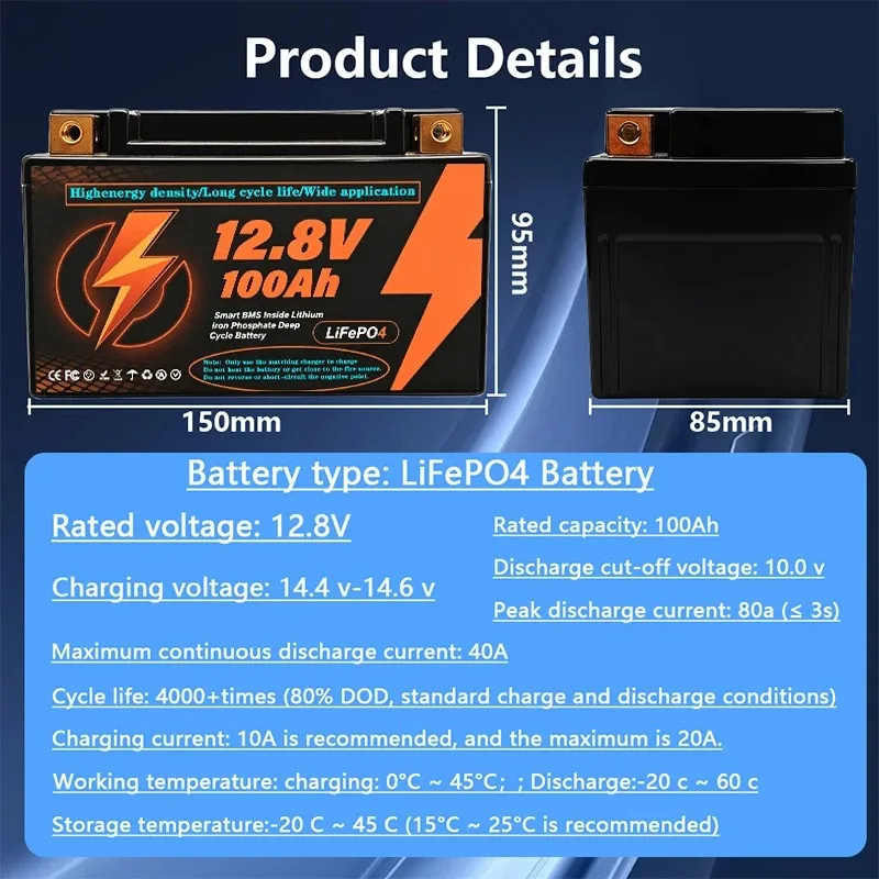 Фото Аккумулятор LiFePO4 12В 100Ач с элементами класса А, с BMS 100А, поддержка последовательного и параллельного подключения, литиевая батарея, 4000+ циклов глубокого разряда №3
