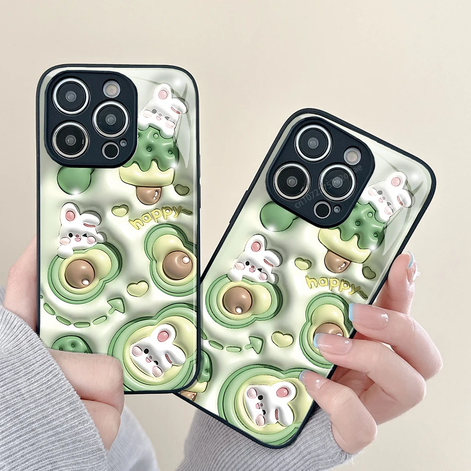 

Cartoon Rabbit Painted Glass Phone Case For iPhone 14 13 12 11 Pro Max Mini XS Max X XR 7 8 Plus Se2 SE3 Protection Back Cover