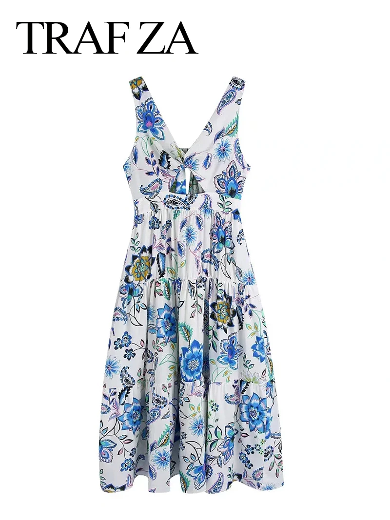 

TRAF ZA Women's Thick Sling Dress Floral Backless Girl Youth Sexy Sleeveless Midi Dress Ladies Street Slim Retro Top Clothing