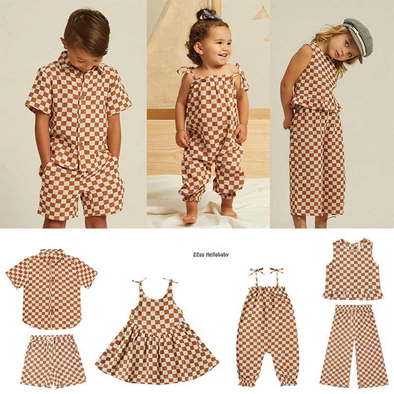 22 Summer New Children's Sets Cotton and Linen Checkerboard Series Boy Baby Shirts Shorts Overalls Vest Girl Dress