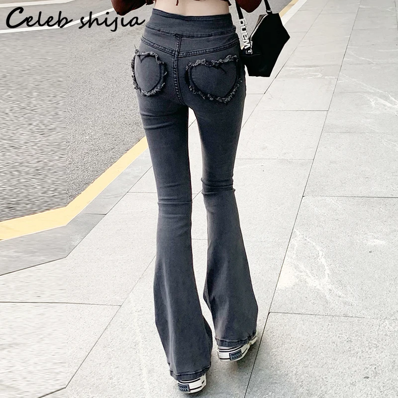 

Chic Black Gray Denim Women Jeans Love Tassel Pocket Elastic Flare Pants Women 2022 High Waist Y2k Bell Jeans Korean