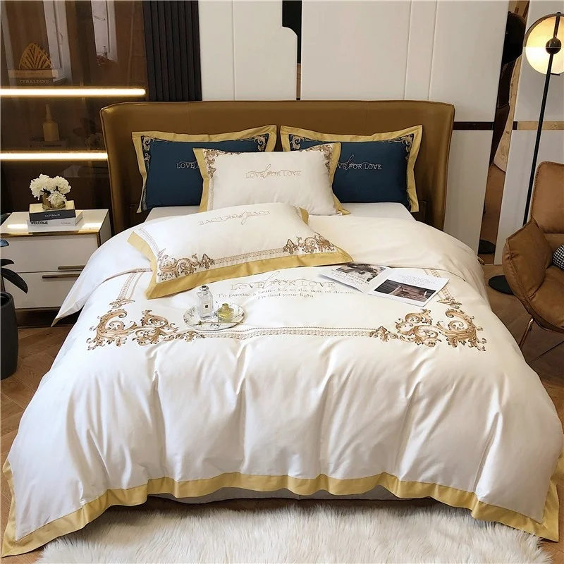 

Chic Embroidery Duvet Cover good drape Premium Quality Egyptian Cotton 4Pcs Bedding set 1Duvet cover 1Bed Sheet 2Pillowcases