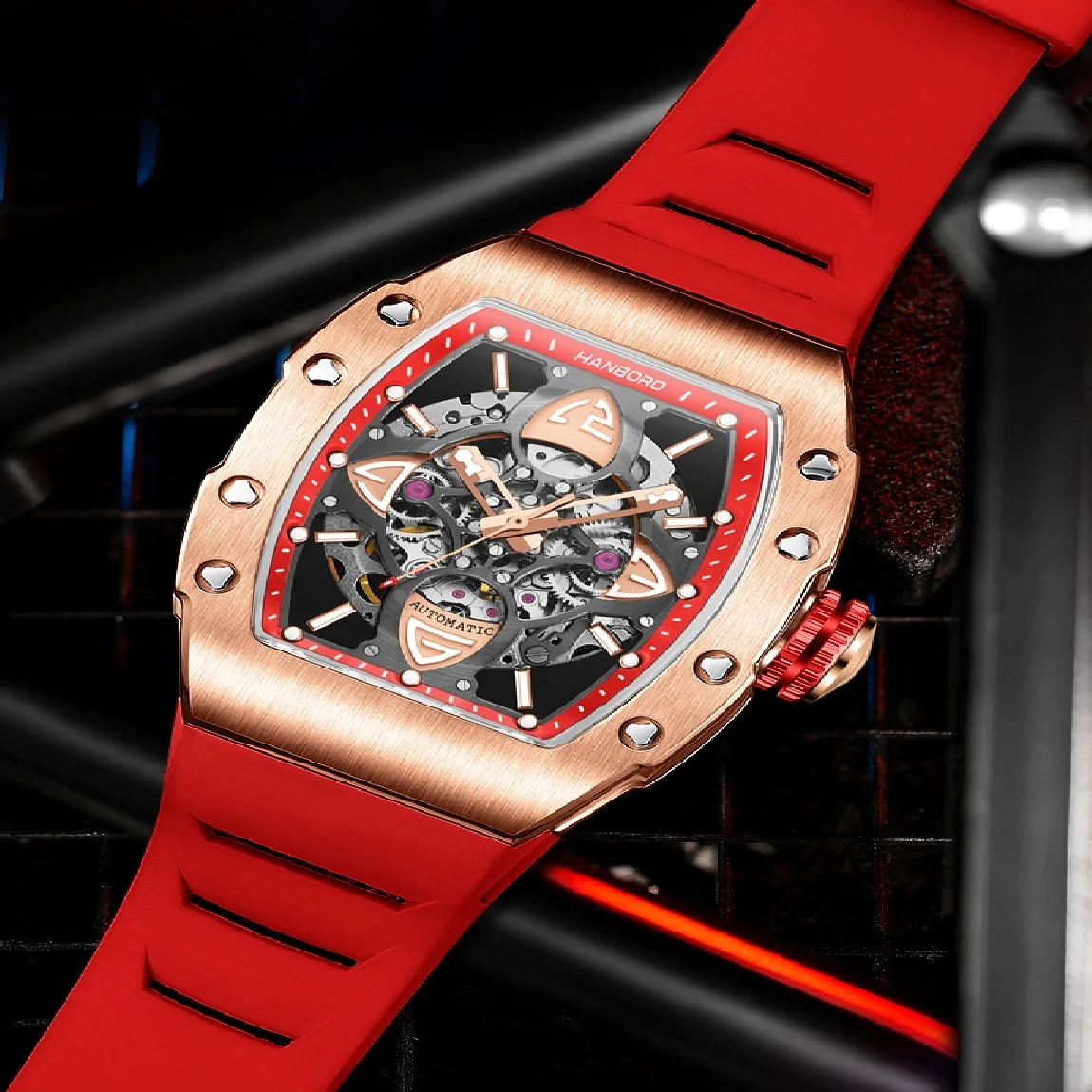

HANBORO Famous Brand Watch Men's Mechanical Watch Hollow Out Waterproof Full Automatic Square Fashion Trend Luminous MAN Watch