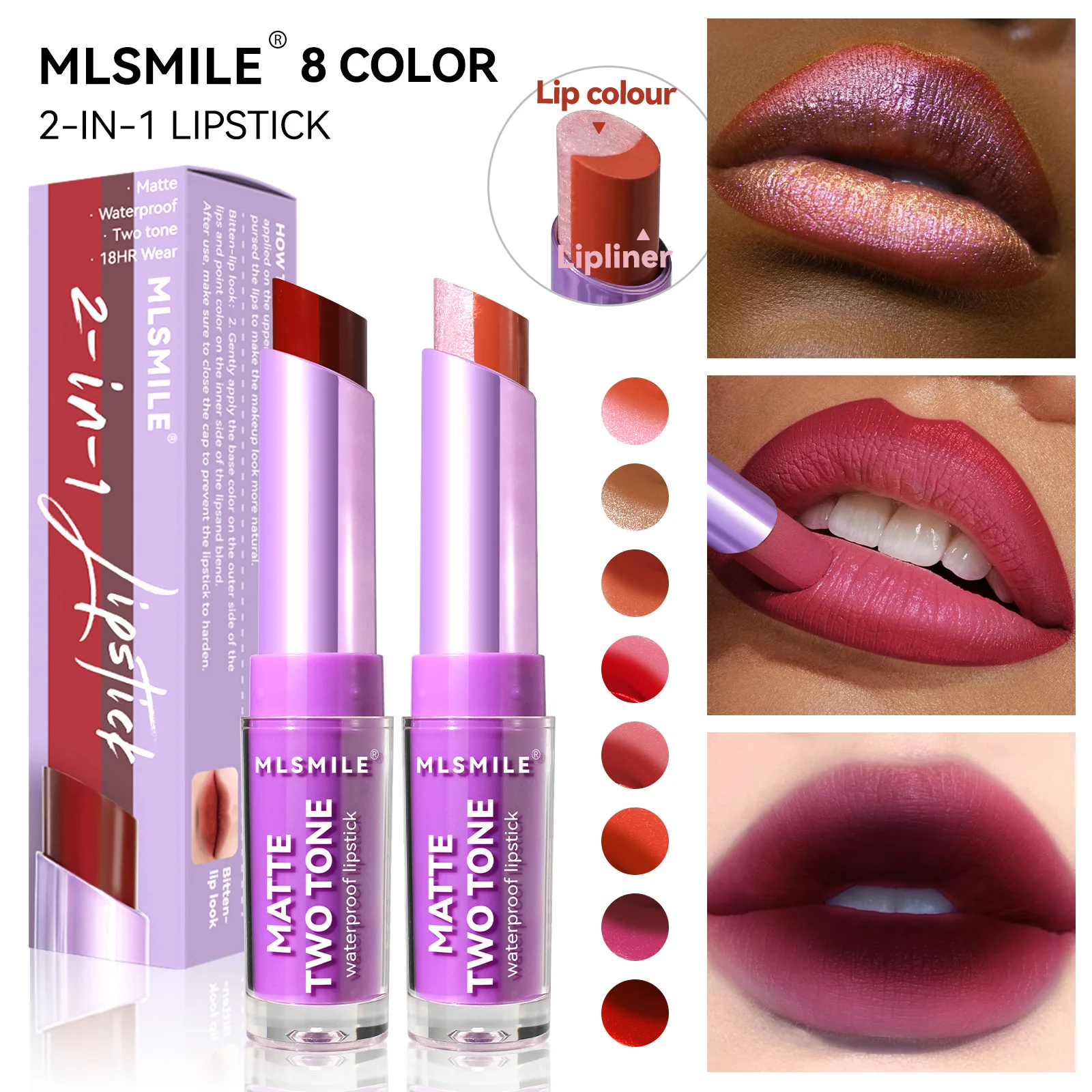 Фото MLSMILE Двухцветная матовая помада с перламутровым эффектом, водостойкий увлажняющий карандаш для губ с градиентным омбре-эффектом для макияжа губ №1