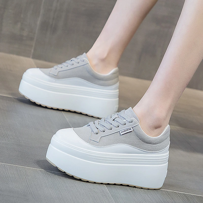 8cm New Canvas Genuine Leather Women Fashion Sneakers Platform Shoes Wedge Hidden Heel Ladies Summer Mixed Color Vulcanize shoes