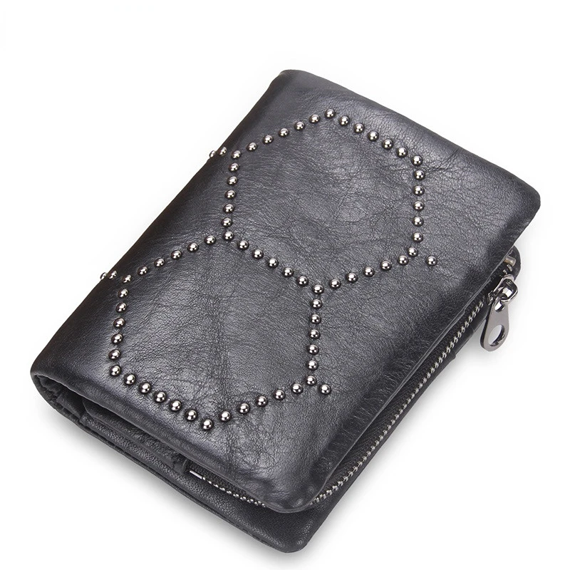 Men's Wallet Casual Short 2 Fold Genuine Cow Leather Hasp Rivet Removable Coin Purse