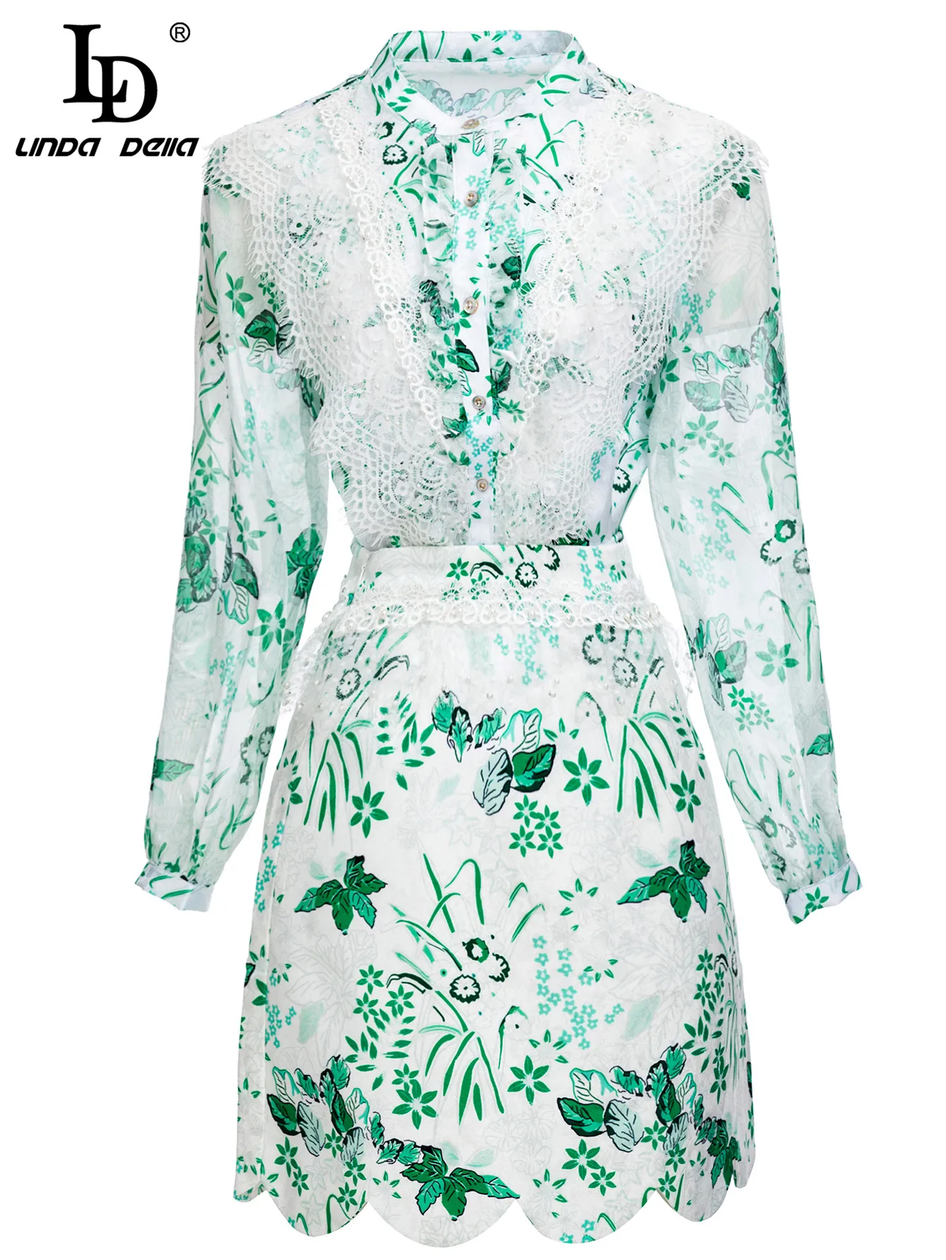 

LD LINDA DELLA Summer Runway Holiday Floral Skirt Suit Women's Lantern sleeve Lace Single-breasted Blouse and Skirt 2 Pieces Set