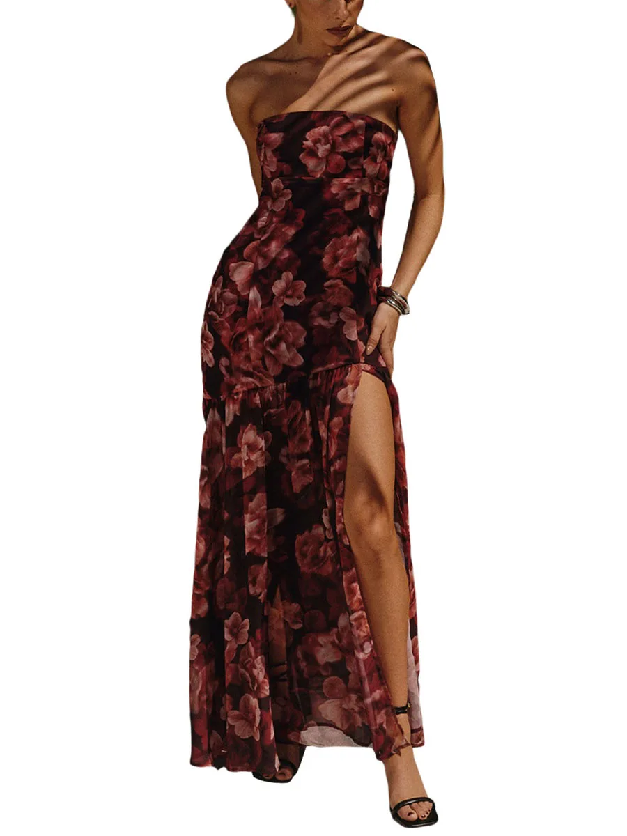 

Женское сексуальное облегающее платье-макси Y2k, длинное платье с открытыми плечами, без бретелек, с оборками, ТРАПЕЦИЕВИДНОЕ цветочное Сетчатое платье, женское Клубное платье