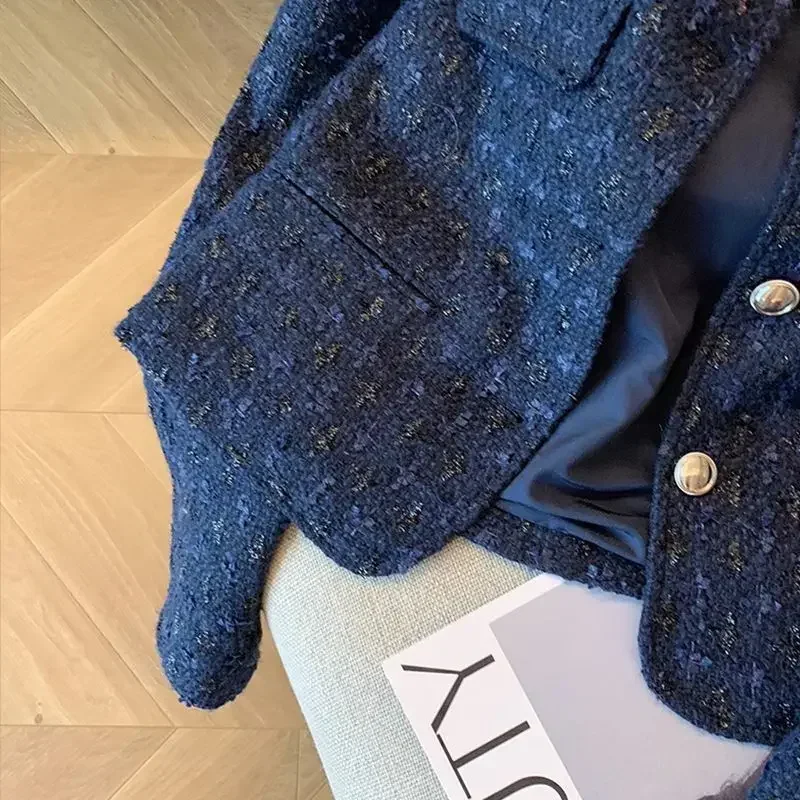 Женское твидовое короткое пальто темно-синего цвета модный тканый топ с длинными