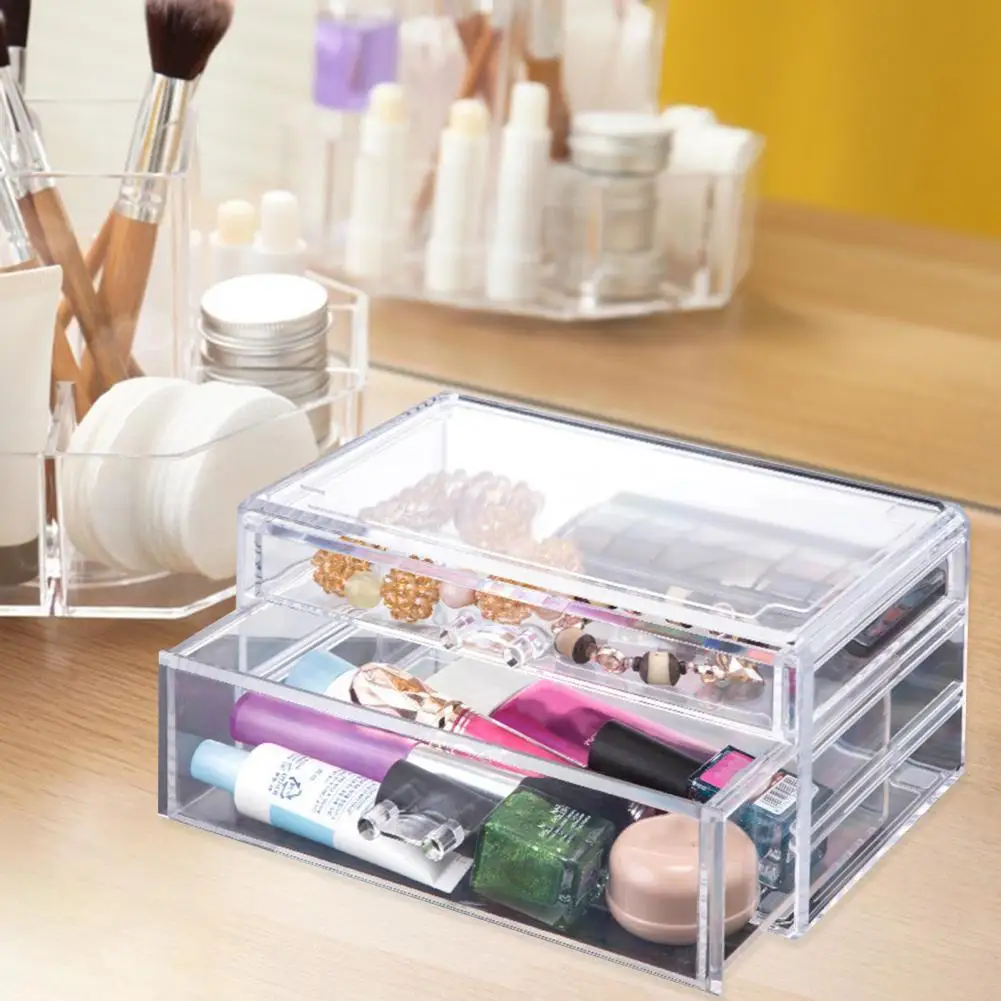 

Makeup Organizer Transparent Acrylic Display Case Jewelry Stationery Cosmetic Organizer with 2 Drawers Desktop Storage