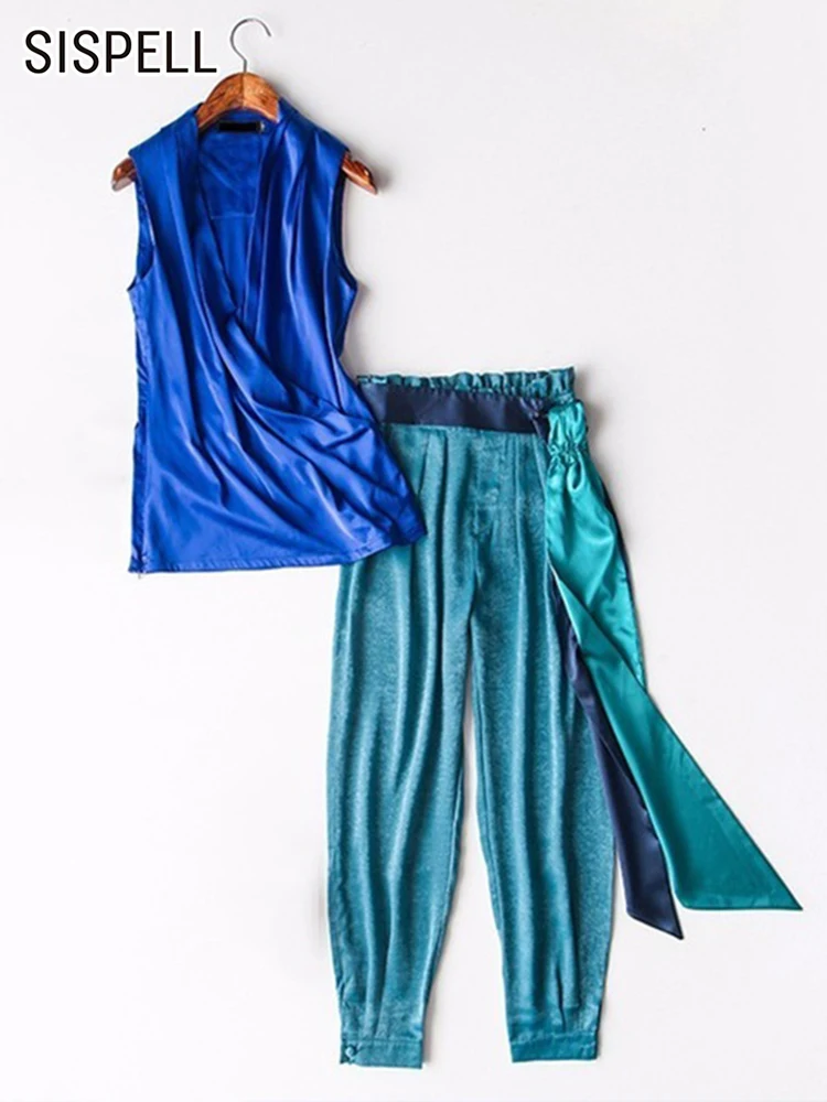 

SISPELL Solid Two Piece Sets For Women V Neck Sleeveless Tops High Waist Patchwrok Full Length Pants Loose Set Female Fashion
