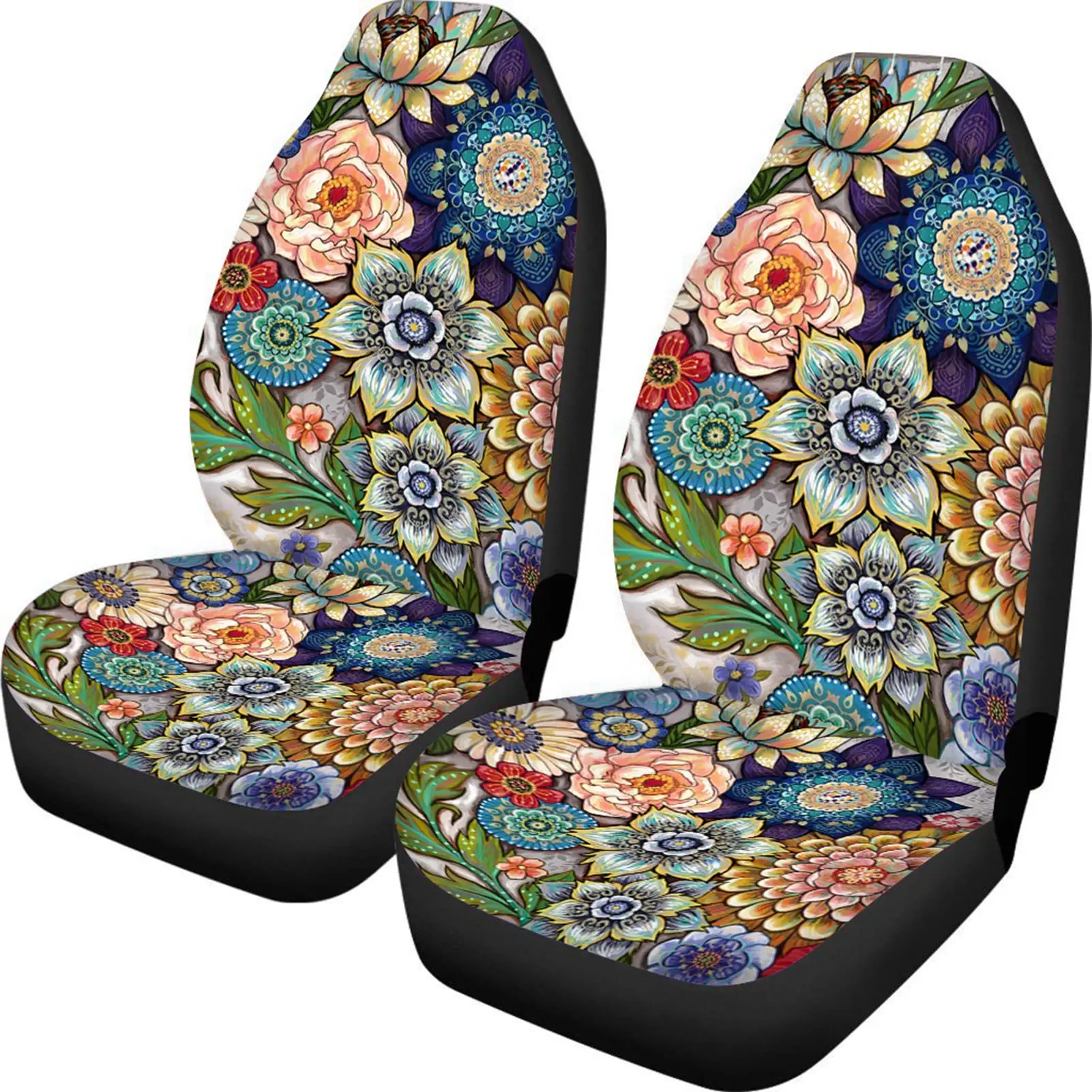 

Bright Blossoms Colorful Boho Floral Print Car Seat Covers for Women Universal Auto Front Seats Protector Fits for Car,SUV,Truck