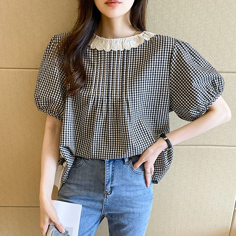 

Летняя Клетчатая рубашка, милая Свободная блузка, Женская милая черно-белая клетчатая блузка с пуговицами на спине или Топы для женщин