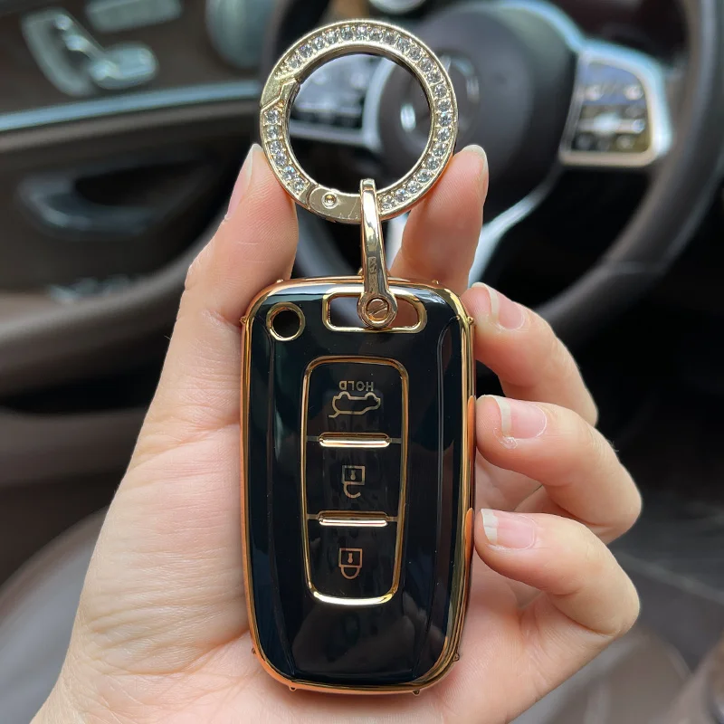 

Bling Rhinstone Keyring 3 Button TPU Car Key Case Cover For Kia Soul Hyundai Solaris HB20 Veloster Rohens Sonata 8 Elantra I30
