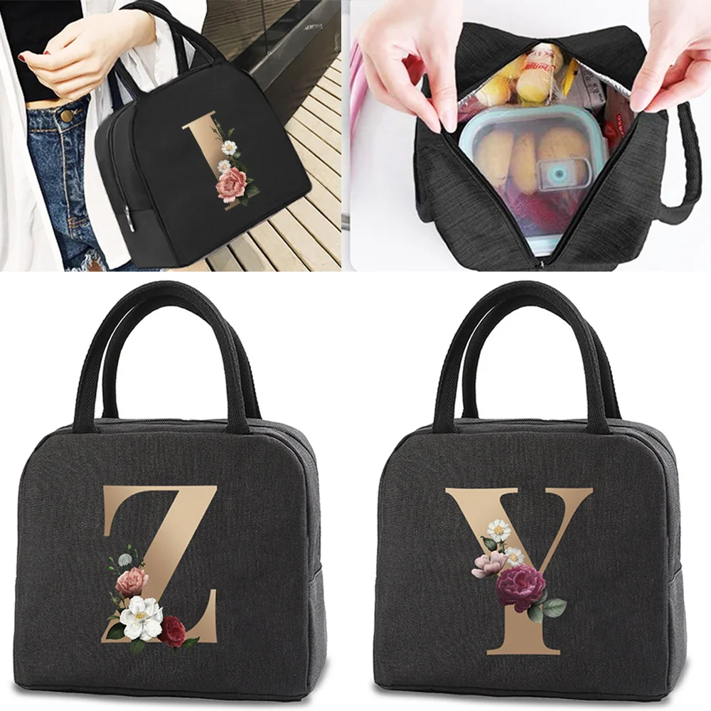 

Children Thermal Lunch Box Tote Women Work Food Lonchers Bags Organizer Gold Letter Insulated Bag Picnic Cooler Packed Handbags