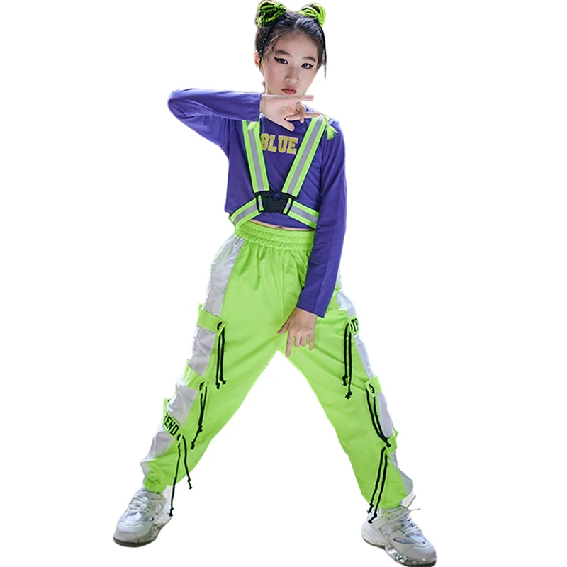 

Girls Jazz Hip Hop Dance Costume Fluorescent Green Pants Straps Crop Tops Ballroom Dancing Performance Wear Rave Clothes