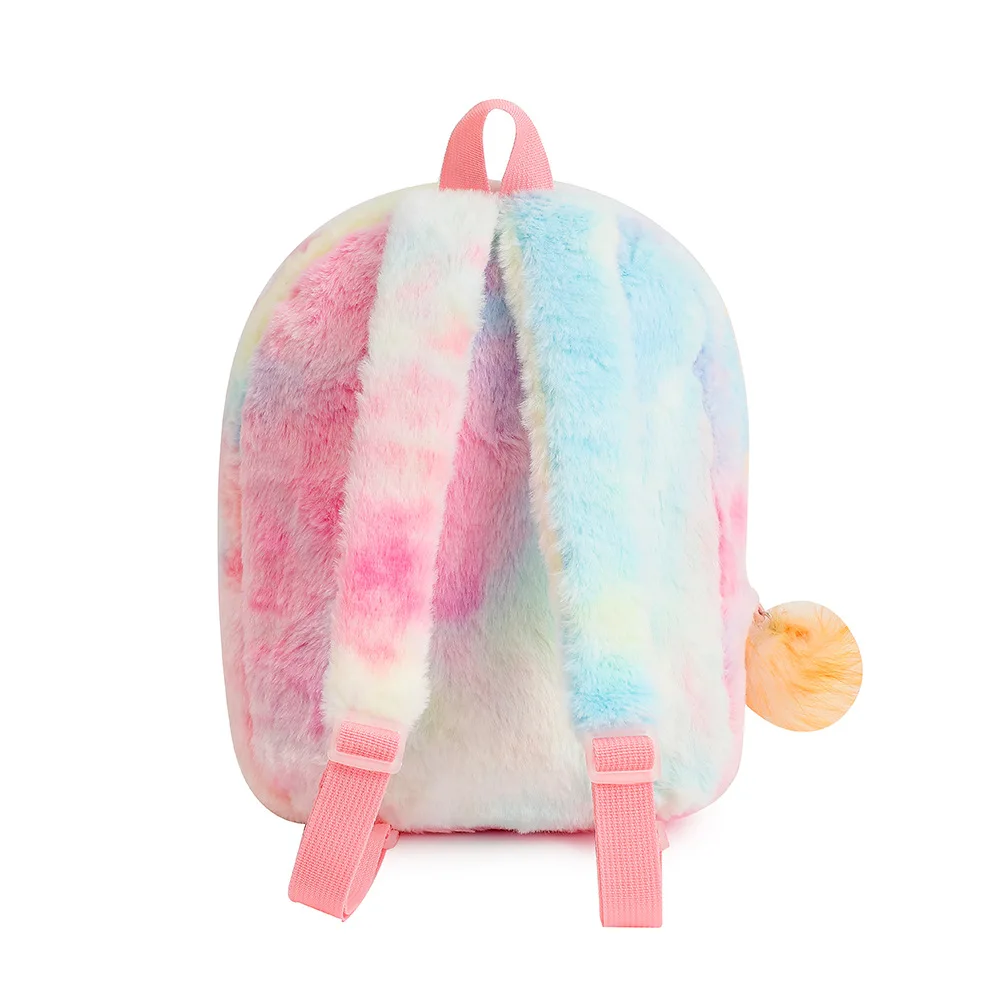 Plush Unicorn Tie Dye Cartoon Backpack Children Cute Bow Kindergarten Schoolbag Girl Fashion Fur Children Kids Gift Book Bag