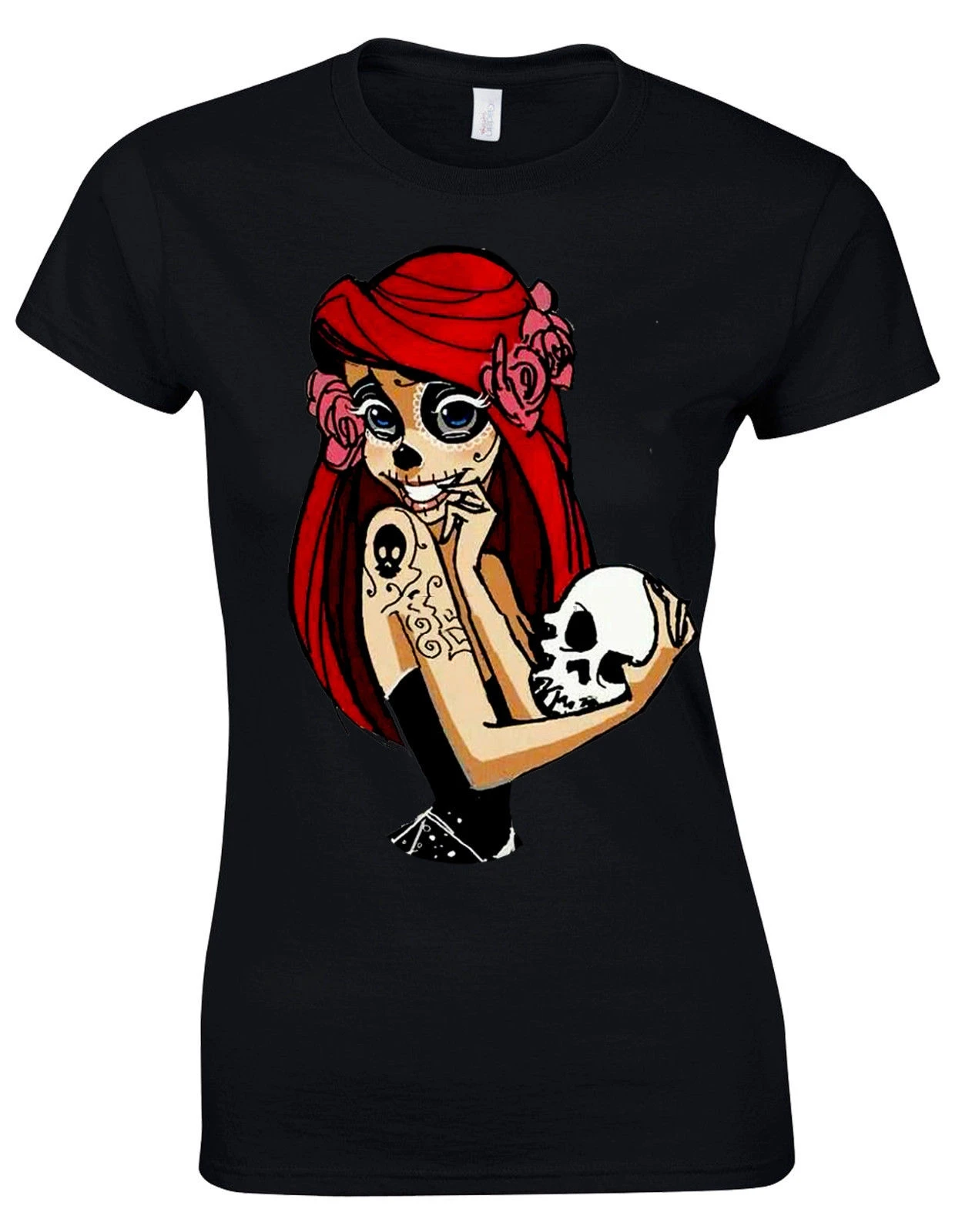 

Pin Up Sugar Skull Ariel Tattoo Alt Hipster Little Mermaid Womens T-Shirt Fashion Brand Harajuku Kawaii Slim Punk Tops T Shirt
