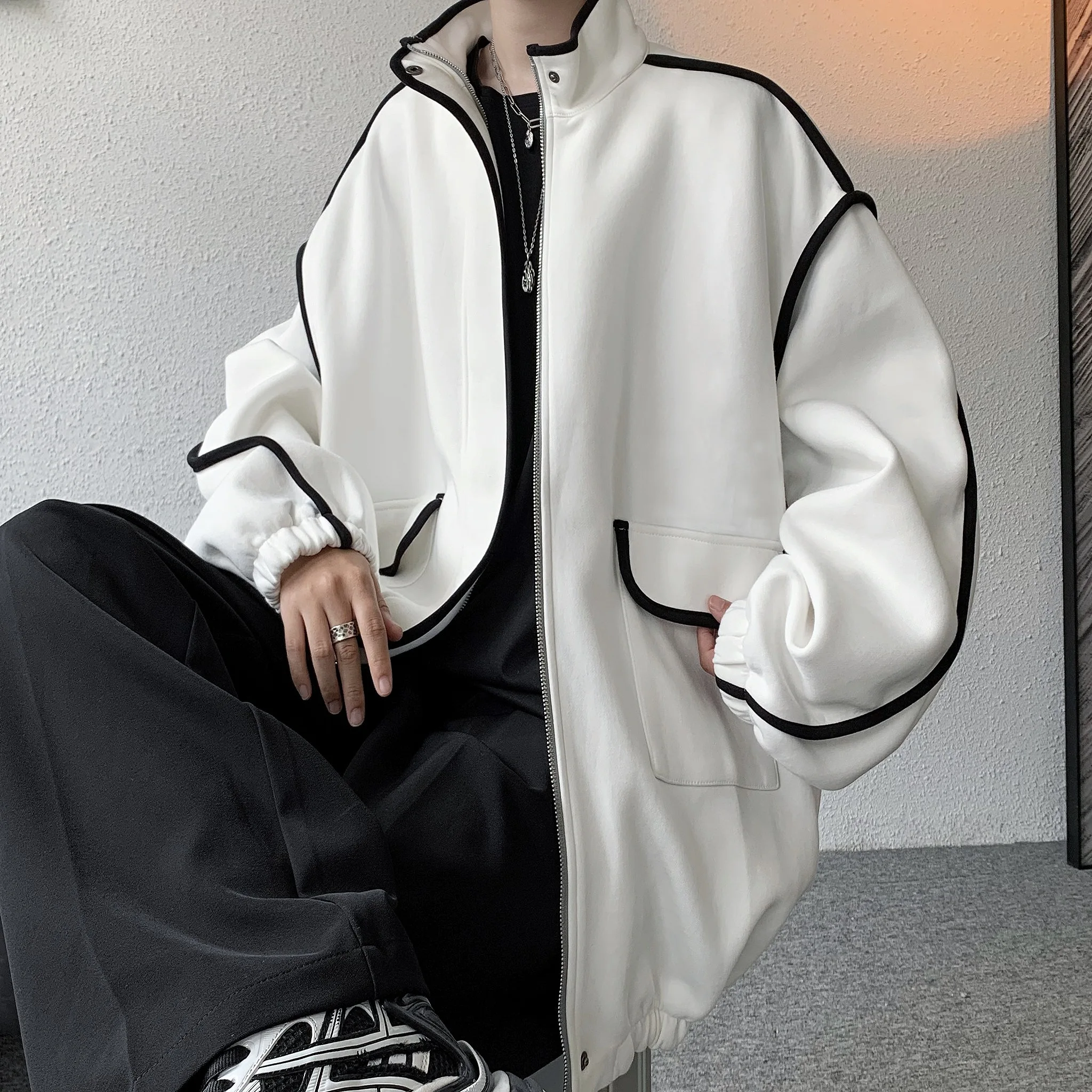 

Men's Zip Long Sleeve Hoodie Fall Fashion Contrast Patchwork Jacket Street Ladies Casual Versatile Jacket