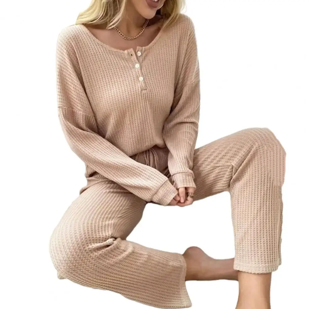 

2Pcs/Set Women Solid Color Casual Pajama Set O-neck Long Sleeve Top Elastic Waist Drawstring Wide Leg Pants Sleepwear Loungewear