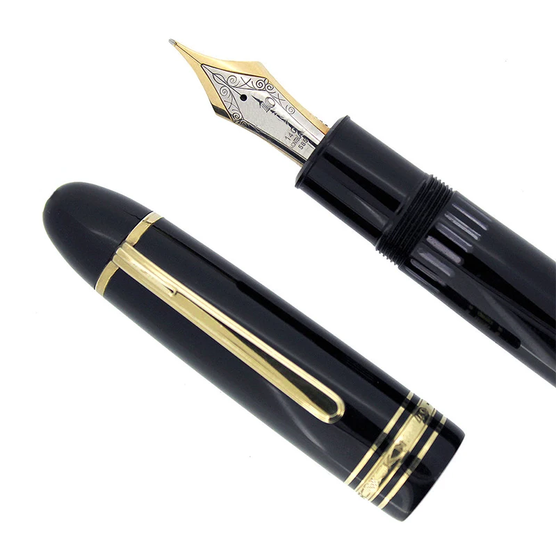 

Luxury 149 MB Edition Review Fountain Pen Deep Black Precious Resin Gold Plated Rings Piston Filling Pens Via Inkwell