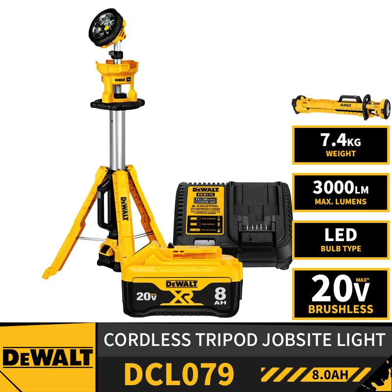 

DEWALT DCL079 Cordless Tripod Jobsite Light 20V Lithium Power Tools 3000LM For Outdoor Camping Jobsite With Battery Charger