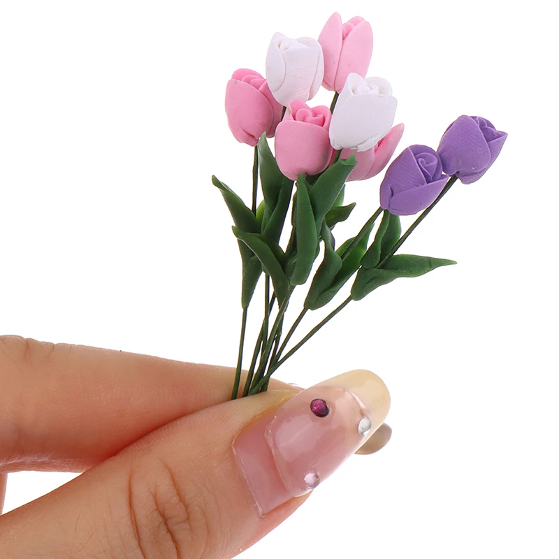 

5Pcs 1:12 Dollhouse Miniature Clay Tulip Flower Potted Plants Model Without Vase Home Living Scene Decor Toy
