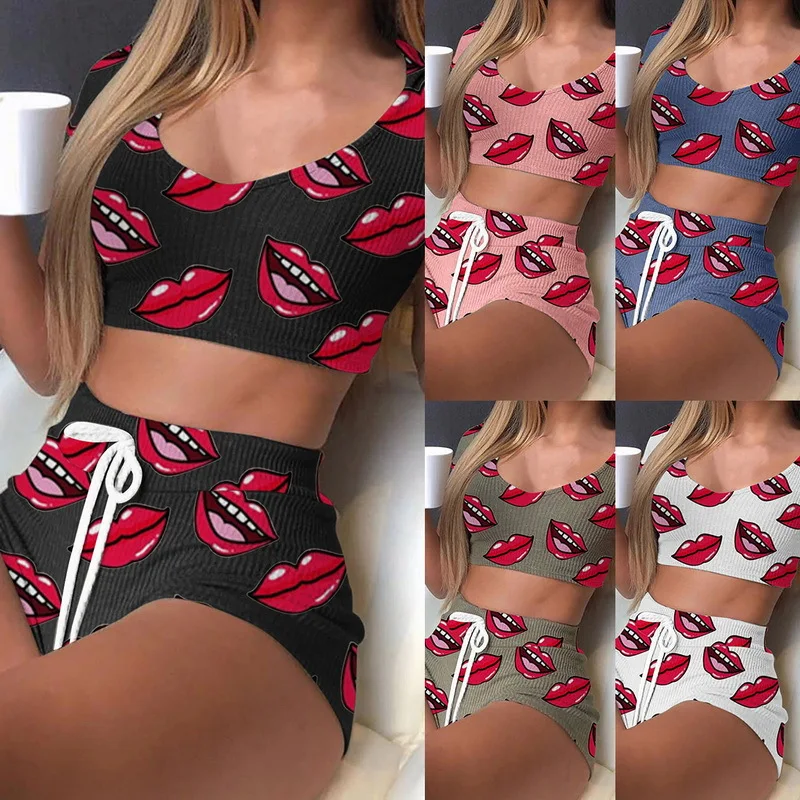 2022 Summer Fashion Women Sexy Lips Print Biker Shorts Set Women's Crop Top And Drawstring Matching Sportswear Two Piece Sets