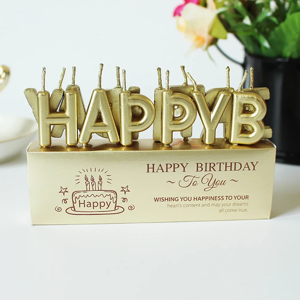 

English Letters Happy Birthday Cake Decorative Candles Gold Safe Flame Birthday Cake Topper Wedding Party Decor Supplies
