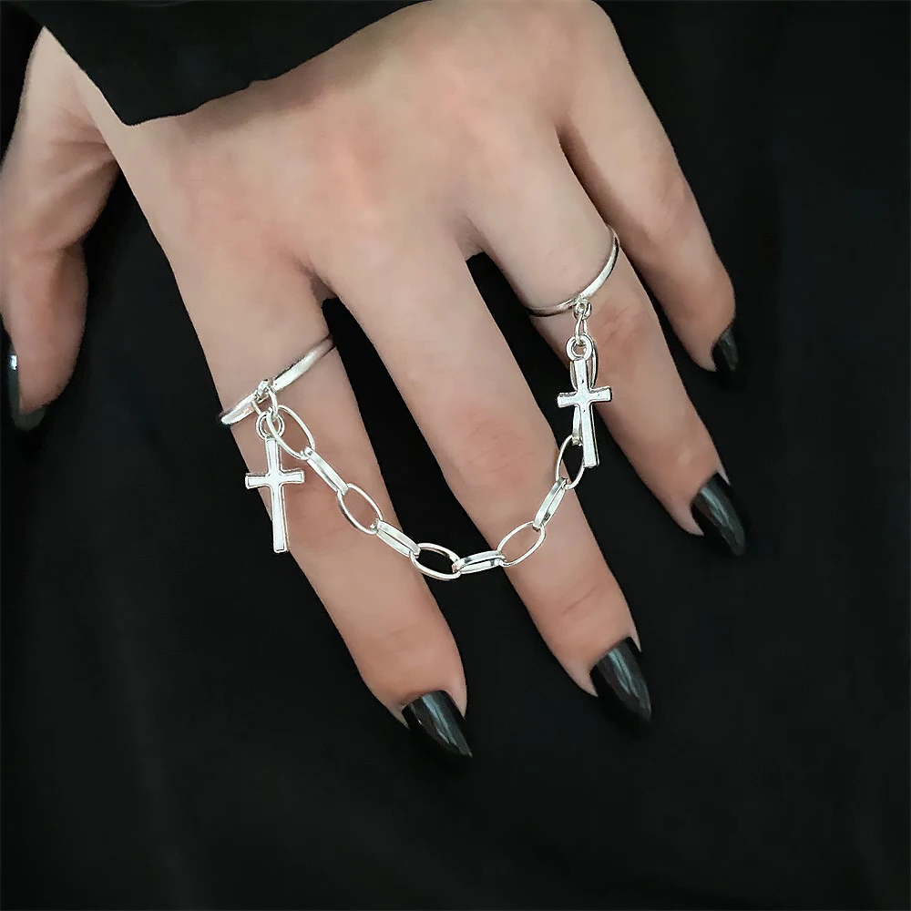 

FNIO 2022 Punk Geometric Silver Color Chain Wrist Bracelet For Women Men Ring Charm Set Couple Emo Fashion Jewelry Gifts