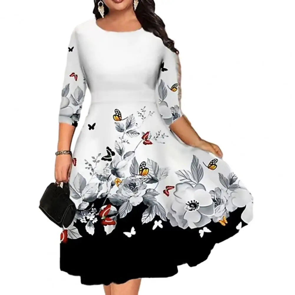

Summer Dress Women O-neck 3/4 Sleeve Butterflies Flower Printing Waist Tight Loose A-Line Elegant Casual Midi Dress Streetwear