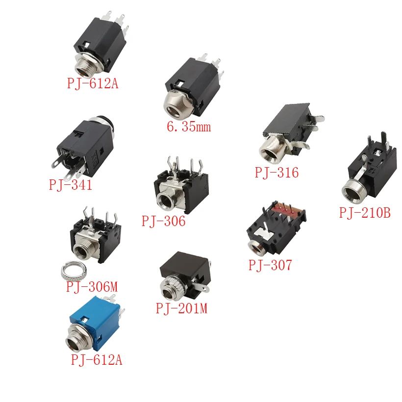5Pcs 2.5/3.5/6.35mm PJ612A PJ316 PJ341 PJ201M PJ210B PJ307 PJ301M PJ306/M Female Jack Headphone Connector 3/4/5/8/11Pin with Nut