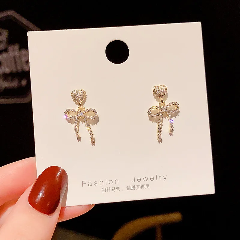 

S925 Silvers 2021 New Trend Diamonds Love Bow Drop Earrings Gold Luxury Jewellery for Women Classic Heart Earring Fashion