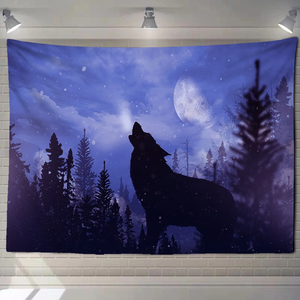

Wolf tapestry background psychedelic wall hanging tribal animal sheets roaring under the night sky wolf tapestry home decoration