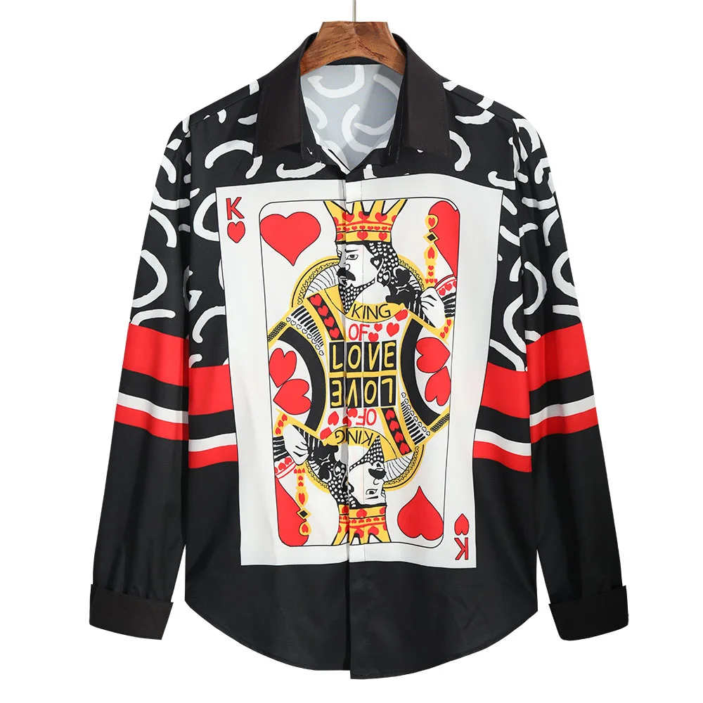 

Новинка 2021, мужские повседневные рубашки с длинным рукавом и принтом, осенняя Модная рубашка с 3D рисунком игральных карт, Мужская блузка с р...