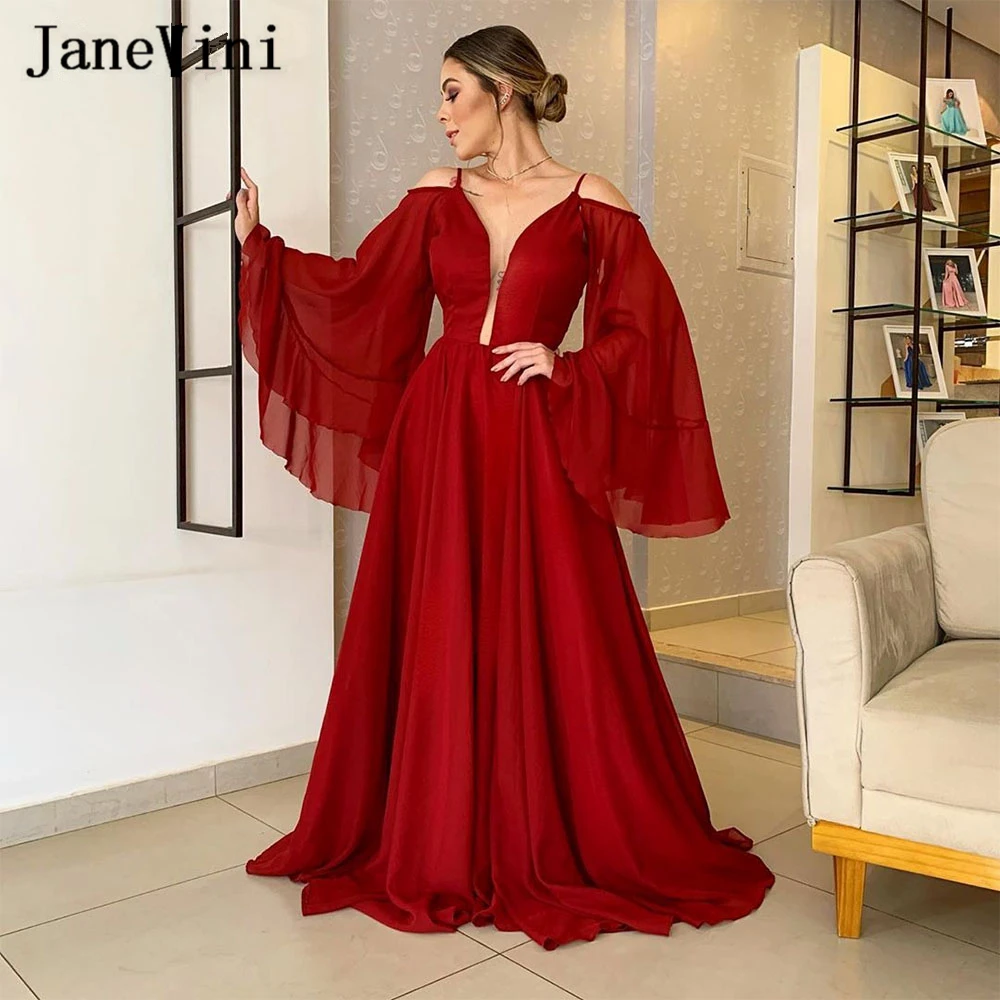 

Женское длинное вечернее платье с открытой спиной, темно-красное шифоновое ТРАПЕЦИЕВИДНОЕ ПЛАТЬЕ с расклешенным рукавом и глубоким V-образным вырезом