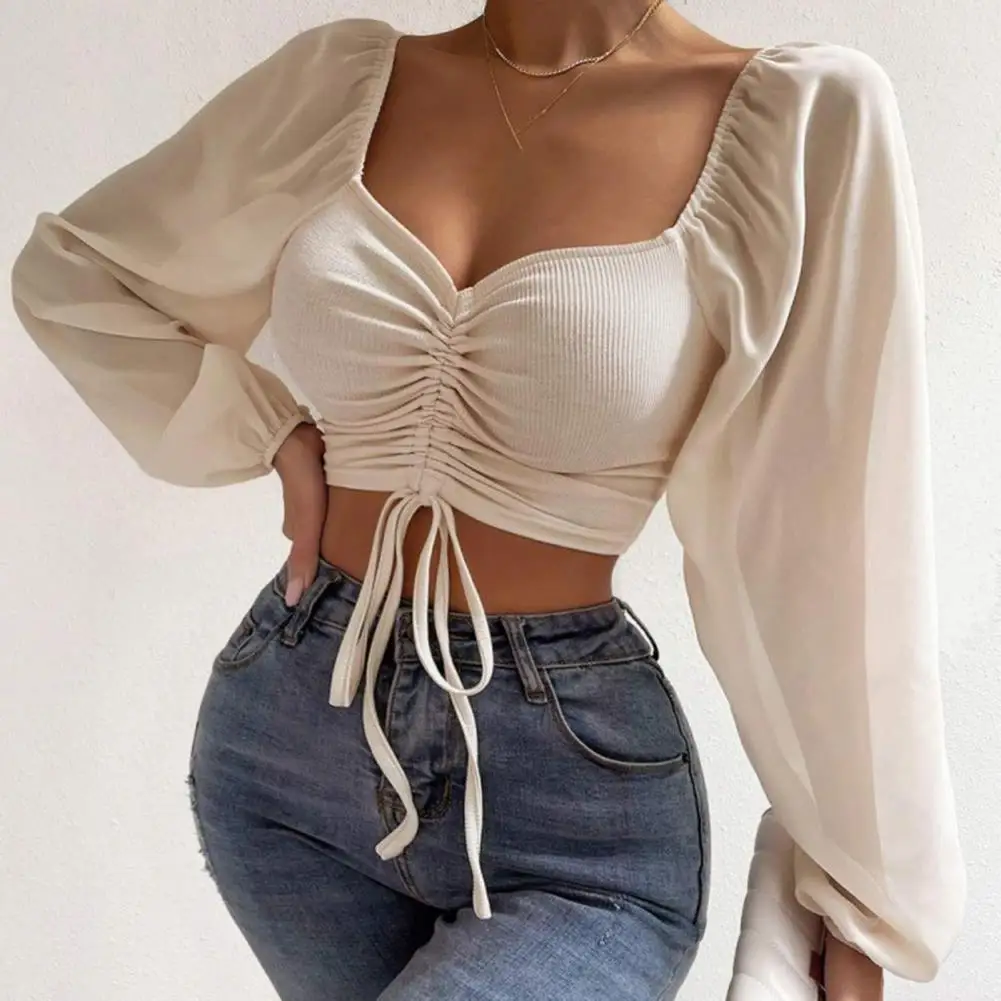 

Sexy V-neck Tops Stylish Women's V-neck Drawstring Cropped Tops Sheer Lantern Sleeves Backless Pullover Blouse Trendy for A