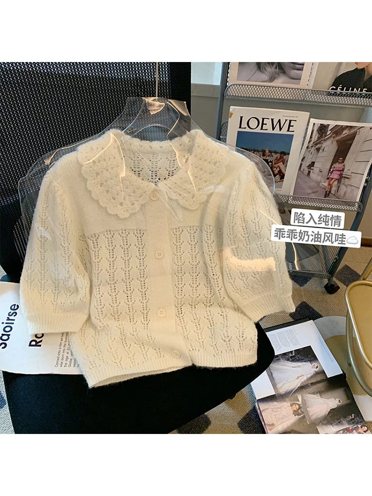 

2023 Summer White Shirt Women Peter Pan Collar T-Shirts Y2k Harajuku Hollow Out T-Shirt Korean Tops Vintage Short Sleeve Tee Top